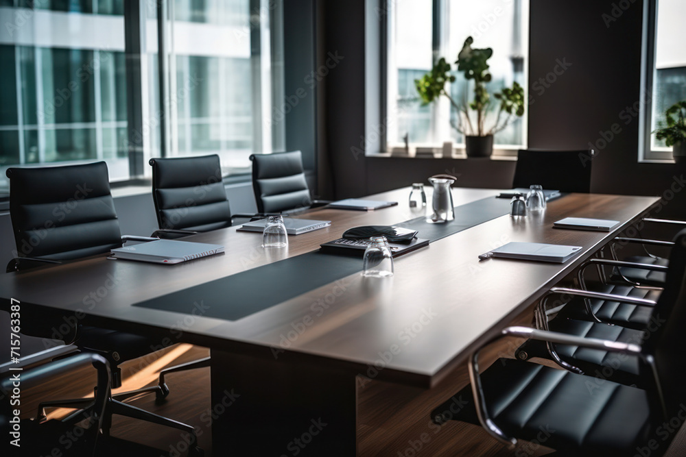 Modern Business Conference Room with Empty Table and Chairs, Inside a Contemporary Corporation's Boardroom Modern Business Conference Room with Empty Table and Chairs, Inside a Contemporary Corporation's Boardroom
