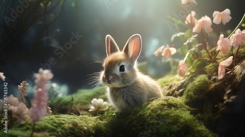 Cute bunny in the forest during spring.