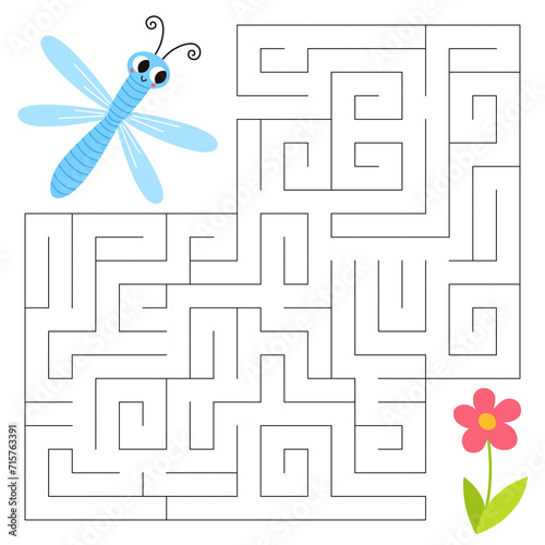 Insects maze game for kids. Cute dragonfly looking for a way to the flower. Printable worksheet with solution for school and preschool.