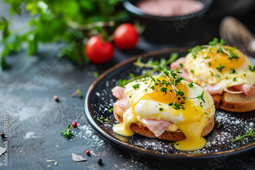 Delicious homemade breakfast with eggs benedict on a plate. Generative AI photo