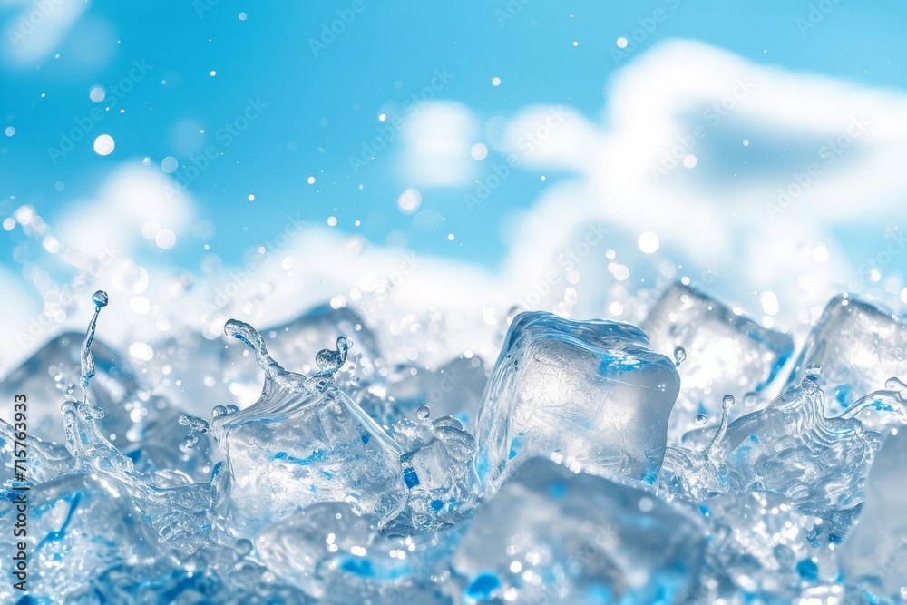 Water Ice Cube Pattern Background With Blurred Blue Sky And Clouds. Winter Wallpaper. Summer Banner. Backdrop. Illustration Water Ice Cube Pattern Background With Blurred Blue Sky And Clouds. Winter Wallpaper. Summer Banner. Backdrop. Illustration