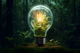 Glowing light bulb in forest - Ai Generated