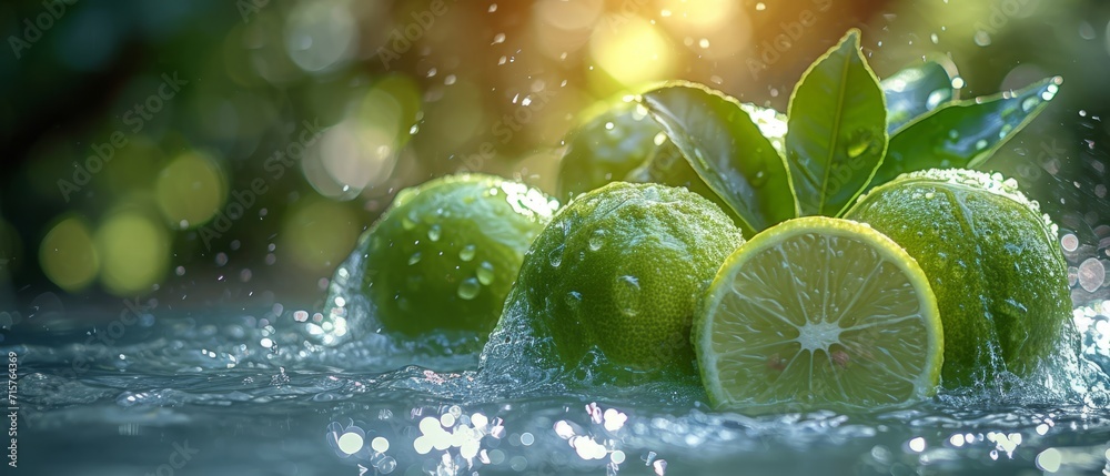 A few photos of green lemon and water, with a light green and transparent texture style,generative ai - obrazy, fototapety, plakaty 