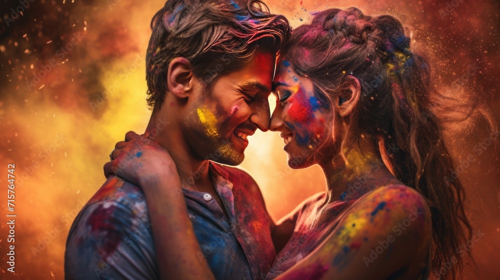 couple in love having fun with holi paint at Holi party