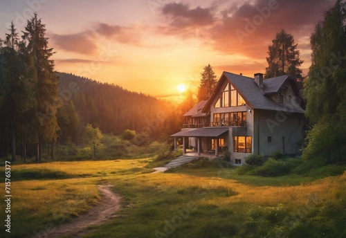 house with sunset in forest landscape