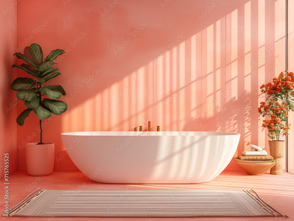 The bathroom interior styled in the fashionable hue of peach fuzz