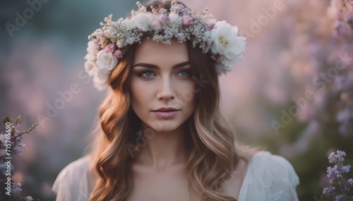 pretty woman wearing flower crown walking in flower blossom in the mist dreamy atmosphere