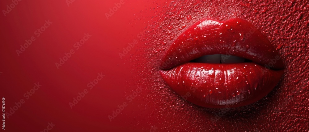 Fototapeta premium a close up of a woman's lips with water droplets on the lips and a red wall in the background and a red wall with a red wall in the foreground.