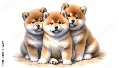 A gentle watercolor painting of fluffy Mame Shiba puppies  showcasing their soft fur and adorable expressions