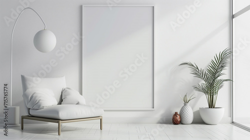 3d empty mockup frame set within a contemporary interior. A chic and stylish white lounge space featuring a modern floor lamp ,lush potted palm and blank frame.
 photo