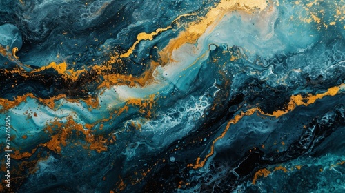 Abstract art of fluid colors in blue and gold mix. Marble background.