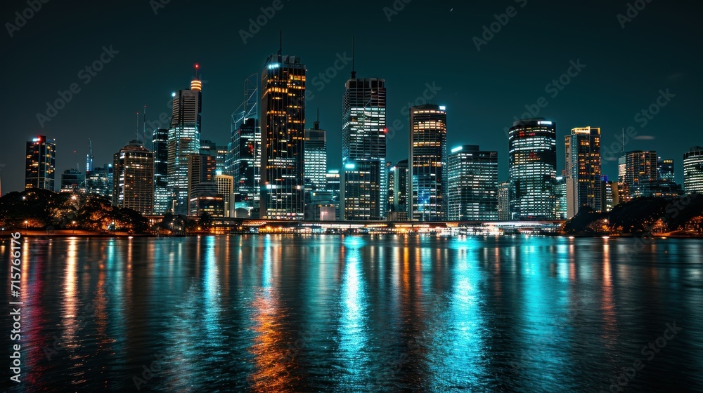 Fototapeta premium Nighttime cityscape with illuminated buildings mirrored in calm water.