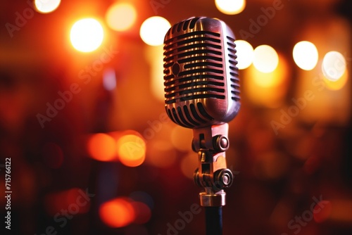 Vintage microphone against backdrop of bokeh lights