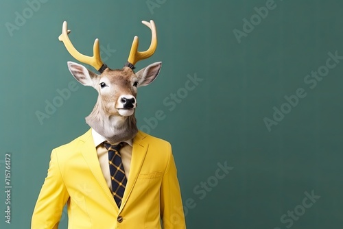 animal deer concept Anthromophic friendly rabbit wearing suite formal business suit pretending to work in coporate workplace studio shot on plain color wall © VERTEX SPACE