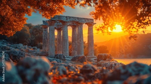  the sun is setting over the ruins of the ancient city of delphinia, in the region of delphinia, delphinia, in the region of southern italy. photo