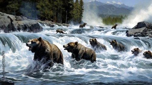 Grizzly bears feasting on an abundant salmon run, amidst rushing river currents.