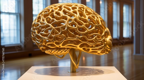 Brain art. Sculpture of the human brain made of gold at the exhibition of contemporary art in the art gallery. 