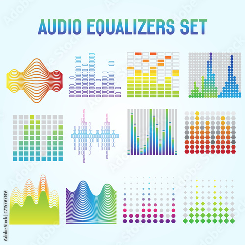 bright audio equalizer set with sound waves symbols flat isolated vector illustration