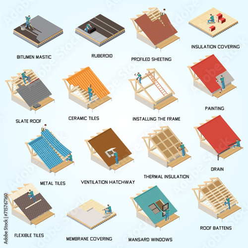 roofing construction process materials isometric set with frame installation thermal insulation ceramic
