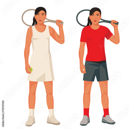 Two figures of Asian women's tennis player in a white dress and red sports uniform standing straight and holding a racket in her hands