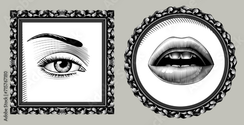 Round and square retro decorative frames with vintage engraved drawing of female eyes and lips on white. Vector illustration
