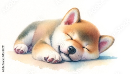 A gentle watercolor painting of a Mame Shiba puppy sleeping soundly after playing. photo
