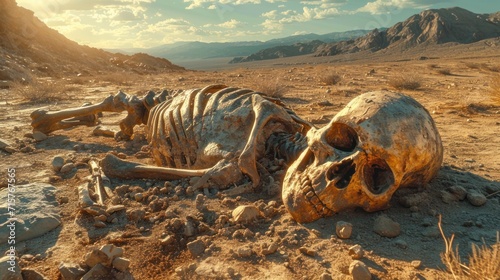  a skeleton in the middle of a desert with a mountain range in the backgrouds in the distance and a blue sky with white clouds in the background. photo