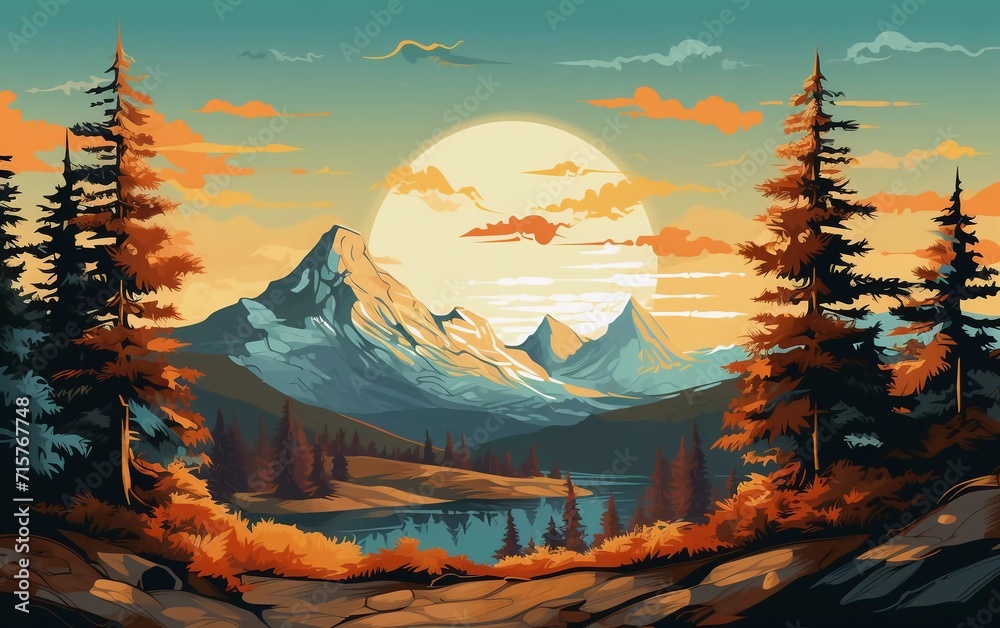 vector illustration Vintage mountain landscape with sun, mountains,beautiful view