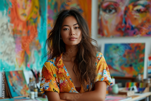 Portrait of young beautiful asian artist standing among her colorful artwork, Realistic illustration, Generative AI