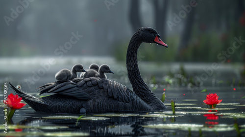 Black swan with cygnets in rain on pond