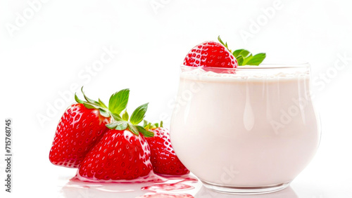 Delicious bowl of Yogurt topped with fresh strawberries  isolated on white  with copy space. Greek yogurt with strawberry