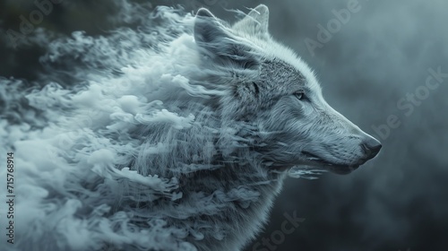 side view of a wolfs head made out of flowing smoke