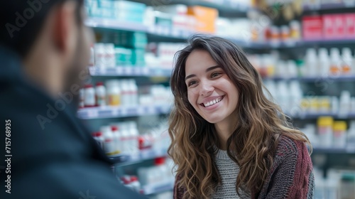 Happy woman chooses medicine with help of young pharmacist in drugstore, generative ai