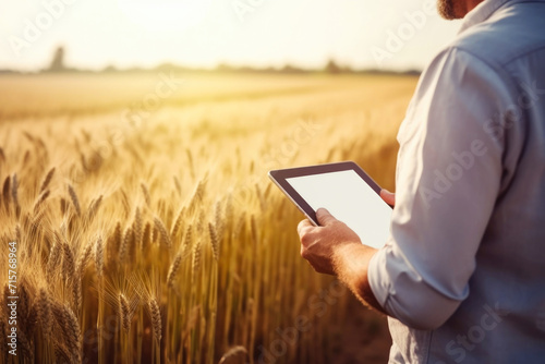 Male farmer using digital tablet to enter and compare data on the crop field. Modern technology application in agriculture