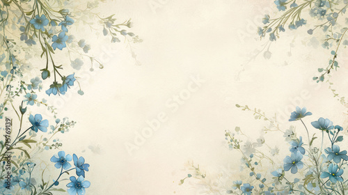 Boho flowers in light blue colors on vintage beige background with copy space, beautiful retro writing paper