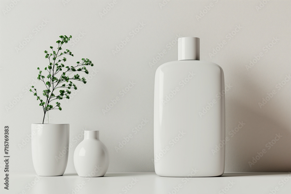 White cosmetic bottle mockup with plant in vase. White cosmetic bottle mockup with plant in vase.