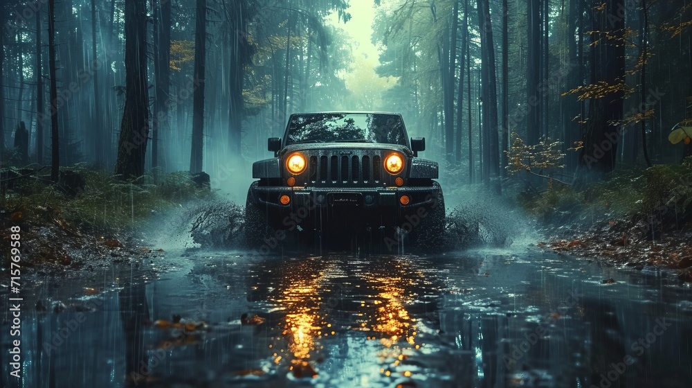 Off road car in a forest on a rainy day, generative ai - obrazy, fototapety, plakaty 
