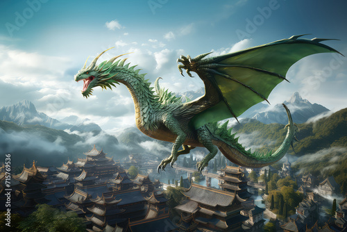 Digital painting fantasy painting of a chinese temple and green giant dragon digital illustration, illustration painting © ImagineDesign
