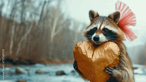 cute racoon holding paper heart in his paws, against the backdrop of a river and birch trees, for Valentine's Day