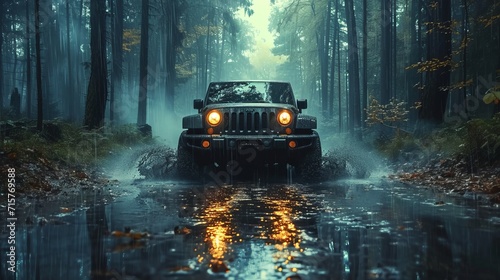 Off road car in a forest on a rainy day, generative ai photo