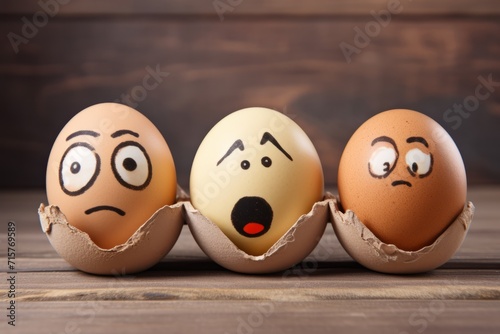 Three eggs with drawn faces expressing emotions