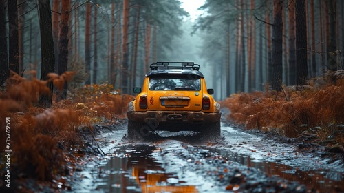 Off road car in a forest on a rainy day, generative ai © JKLoma
