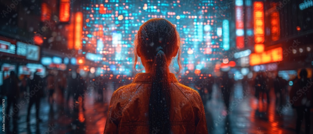People in the city interact with digital screens in an overlay view. People looking at holographic digital display future technology and living in a big city ,generative ai - obrazy, fototapety, plakaty 