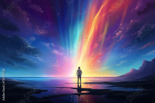 illustration painting of a man looking at a strange rainbow light rise in front.  digital art style