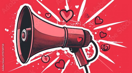 3d megaphone with pink hearts on pink background. valentine concept