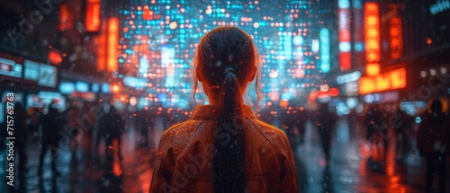 People in the city interact with digital screens in an overlay view. People looking at holographic digital display future technology and living in a big city ,generative ai photo