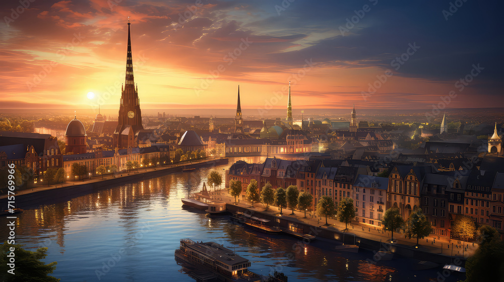 3d illustration of Hamburg City at sunset. Germany.