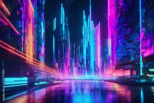 Glitchy holographic waves in a cyberpunk cityscape