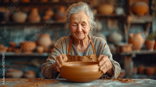 Senior woman kneading clay in bowl shape at the workshop, generative ai