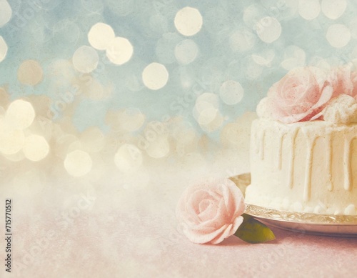 Pastel watercolour background with a birthday cake. Copyspace, bokeh effect. 